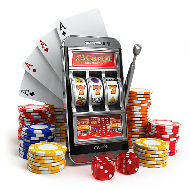 Online casino concept. Mobile phone, slot machine, dice and cards. 3d